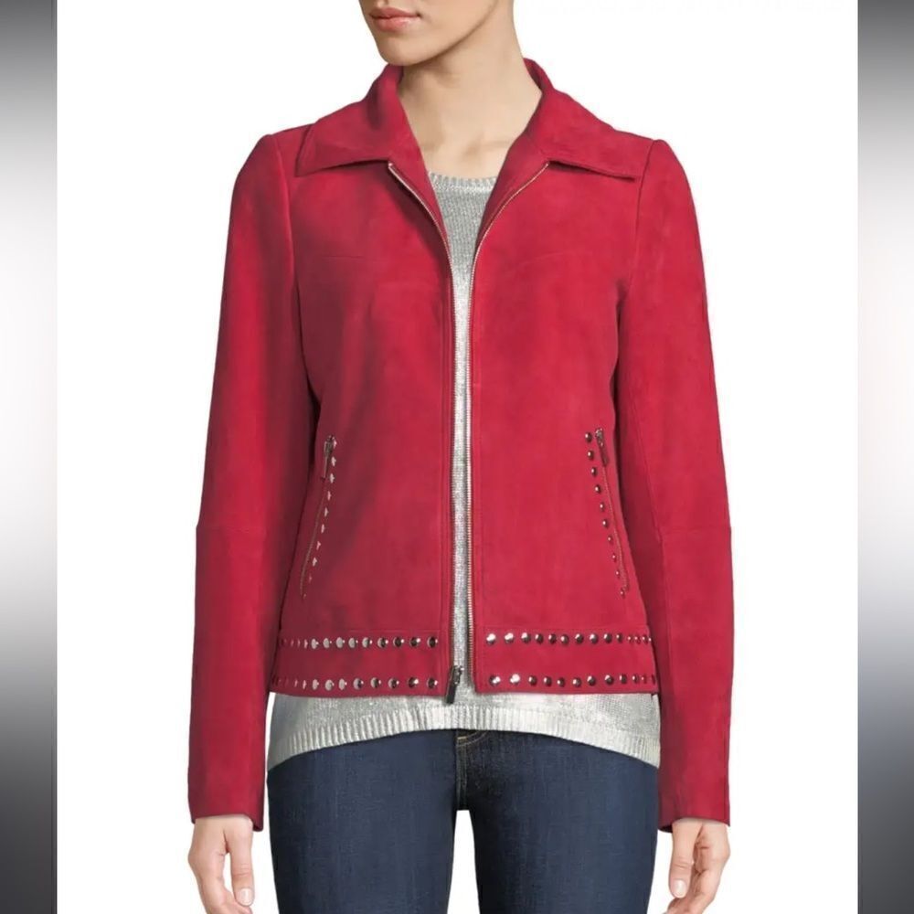 NWT Neiman Marcus Suede Motorcycle Jacket with Metal Embellishments Red XL